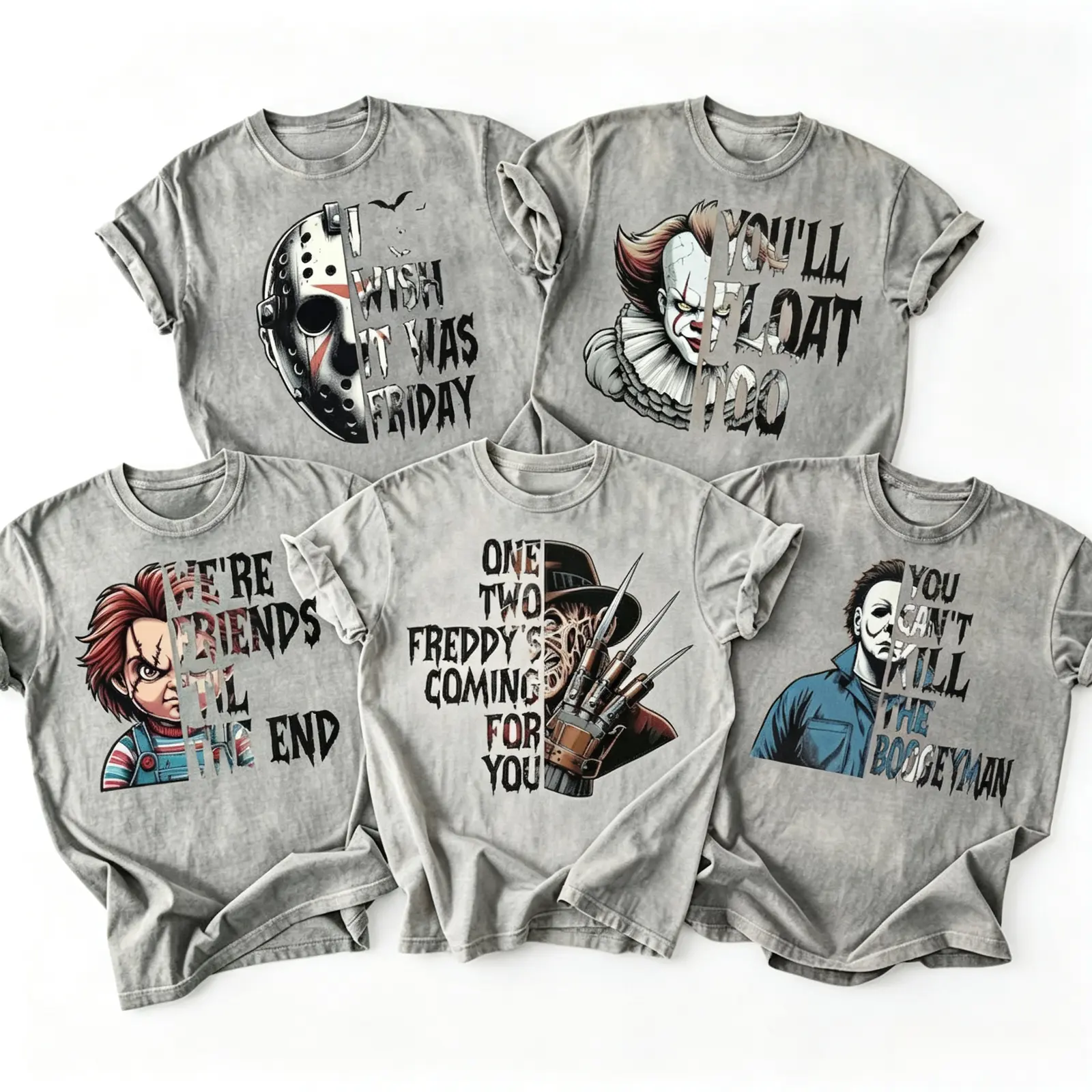Halloween Horror Villains Movie Quote Graphic Tee, Jason Pennywise Chucky Freddy Michael Myers Vintage Washed Grey Scary Movie T-Shirt