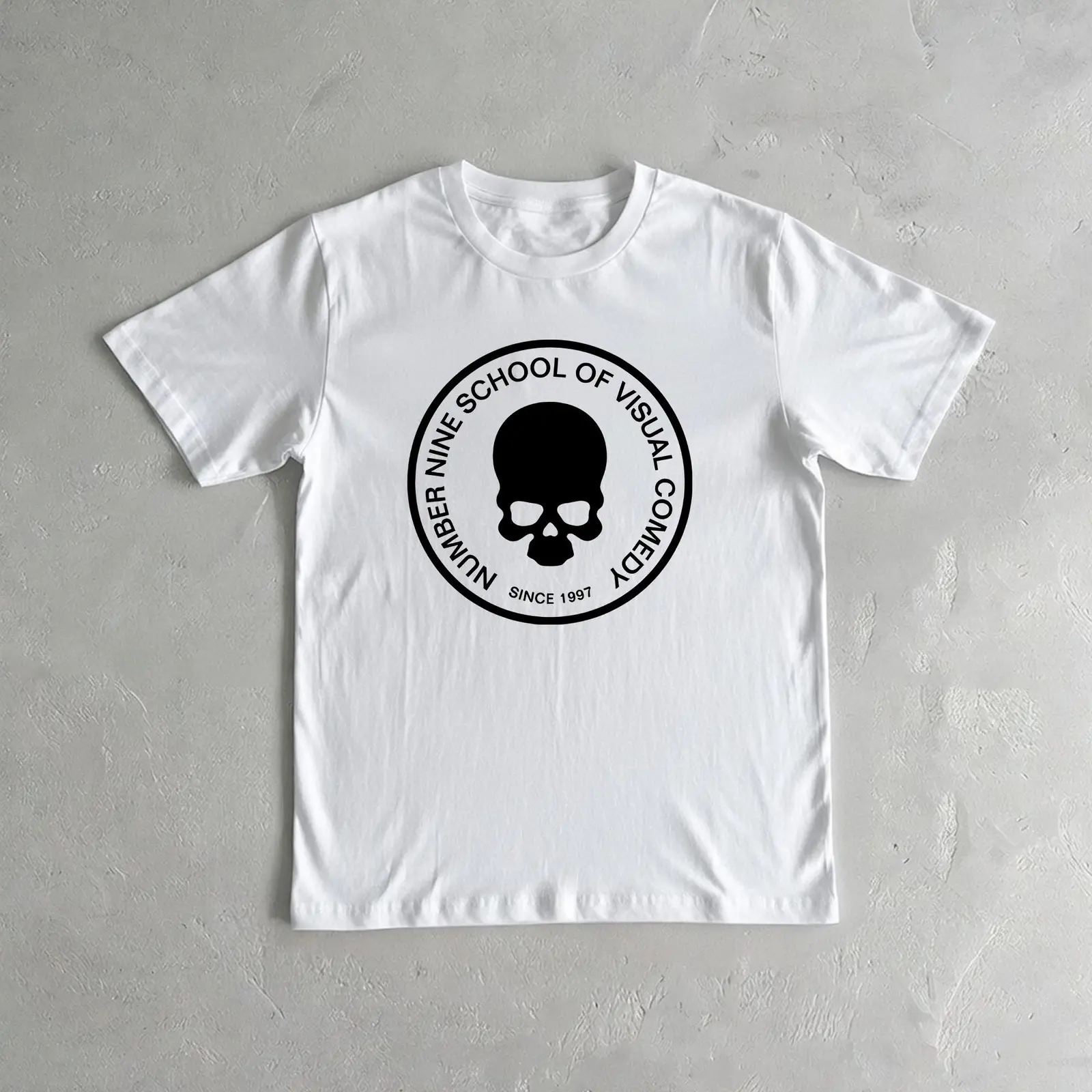 Number Nine School of Visual Comedy Skull Logo Heavy Cotton T-Shirt, Vintage Hip Hop Y2K Streetwear Circle Graphic Tee for Music Fans