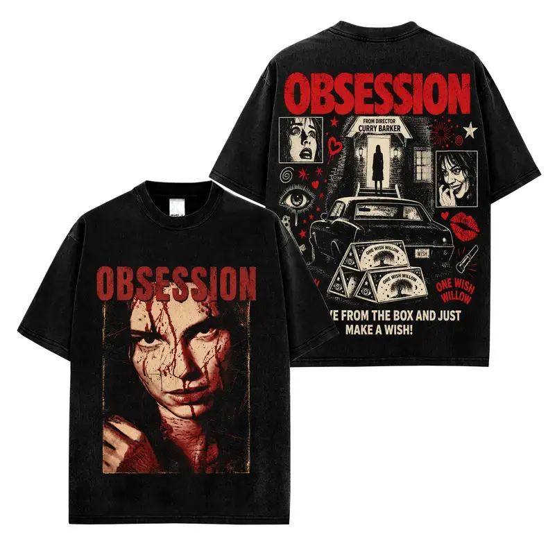 Obsession Curry Barker Horror Movie Graphic Tee, One Wish Willow Retro Gothic Thriller Double-Sided Print Vintage Washed Black T-Shirt