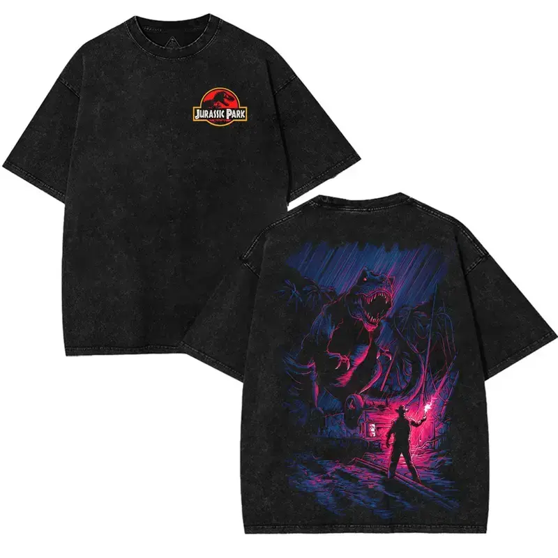 Jurassic Park T-Rex Dinosaur Vintage Washed Graphic Tee, Distressed Y2K Front and Back Print Loose Oversized Streetwear Unisex T-Shirt