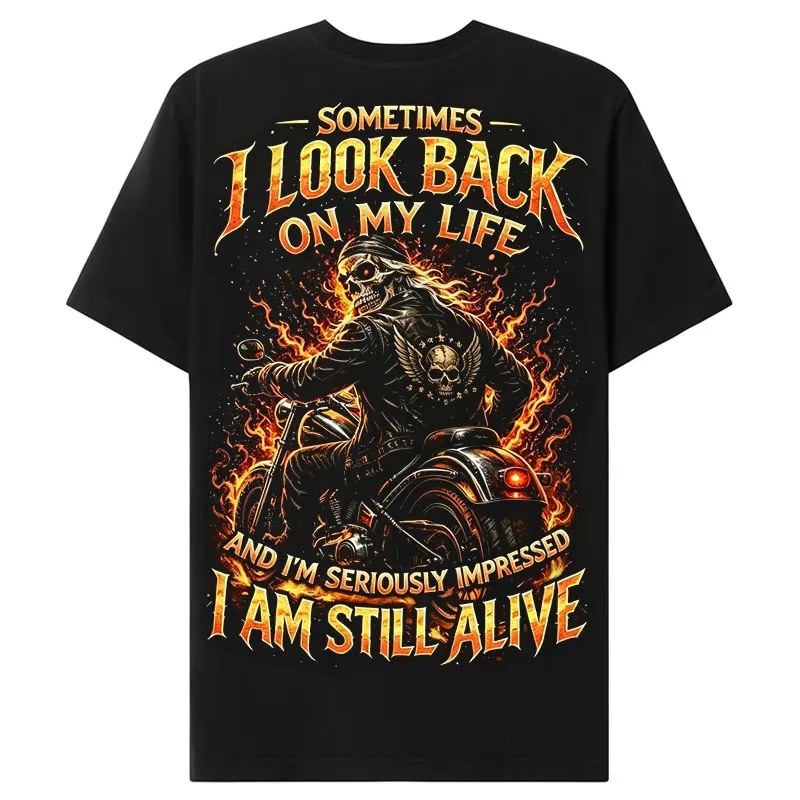 Gen X Sometimes I Look Back On My Life Skull Biker Graphic Tee, Custom Year Vintage Front and Back Print Streetwear T-Shirt or Washed Tee