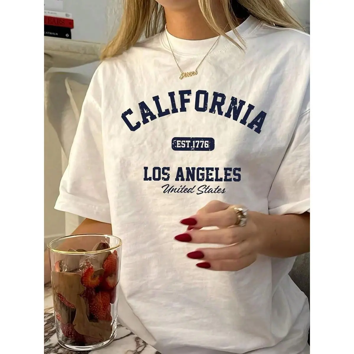 Vintage California Los Angeles EST 1776 United States Varsity Letter Graphic Tee, Retro Casual Loose Drop Shoulder Cotton Women's T-Shirt