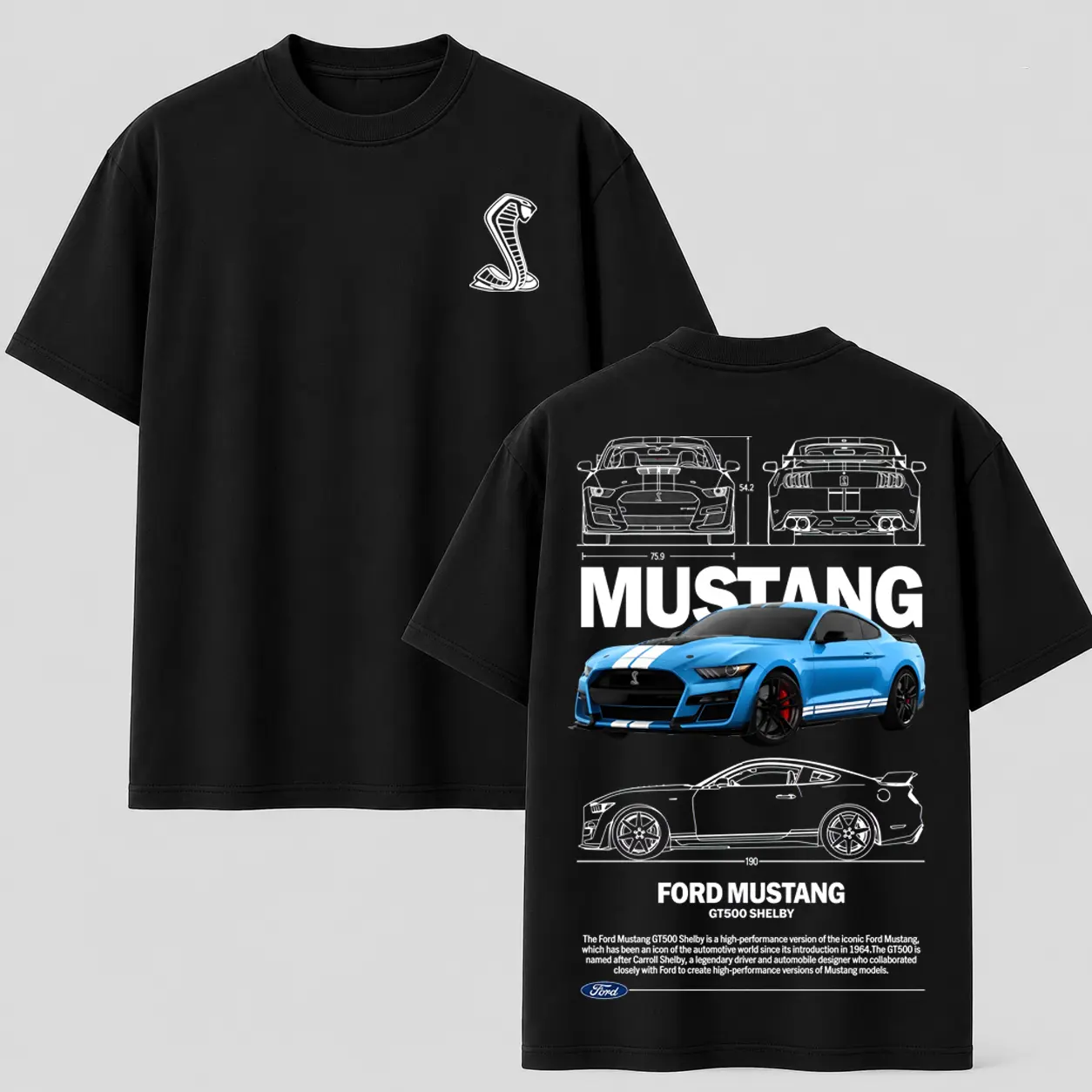 Ford Mustang Shelby GT500 Blueprint Graphic Tee, Vintage Acid Wash Oversized Cotton T-Shirt and Hoodie, Double-Sided Car Streetwear Unisex Top