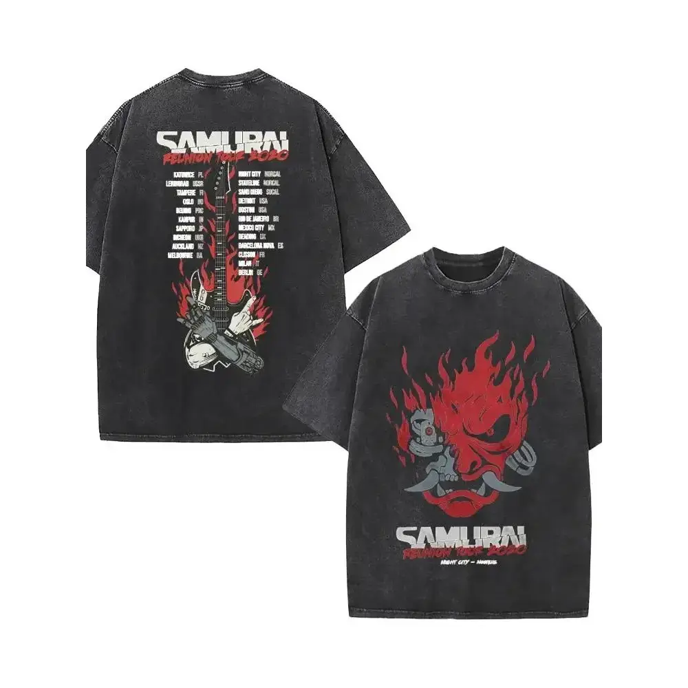Cyberpunk 2077 Samurai Reunion Tour 2020 Graphic Tee, Phantom Liberty Rock Band Vintage Washed Double-Sided Futuristic Metal Oversized T-Shirt