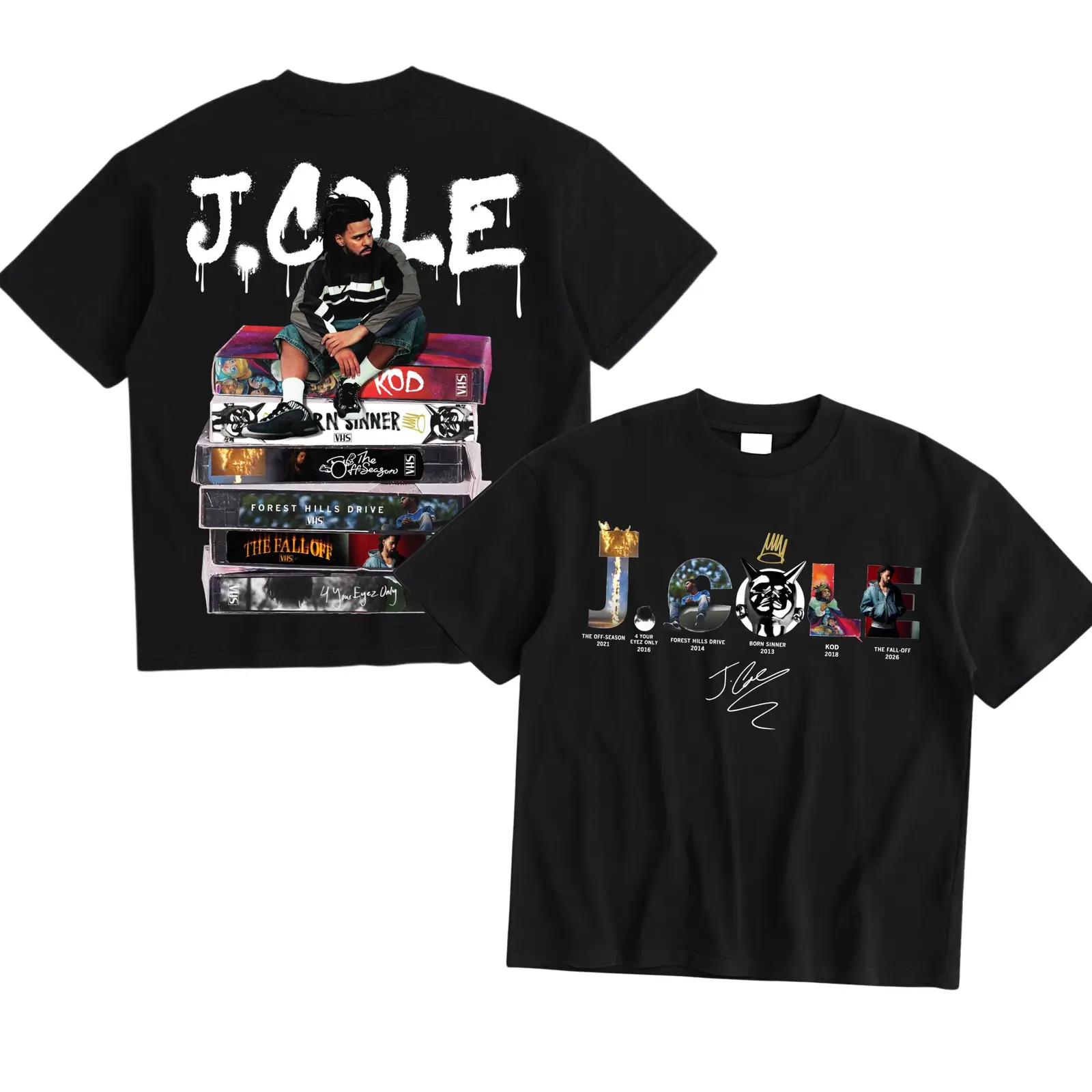 J Cole Full Album Discography Sitting on Albums Graphic Tee, Vintage Hip Hop Rap Music Merch Double-Sided Print Oversized Unisex T-Shirt