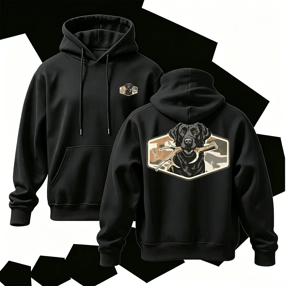 Black Labrador Shed Antler Dog Hoodie, Vintage Camo Badge Front and Back Print Outdoor Animal Streetwear Pullover Hooded Sweatshirt