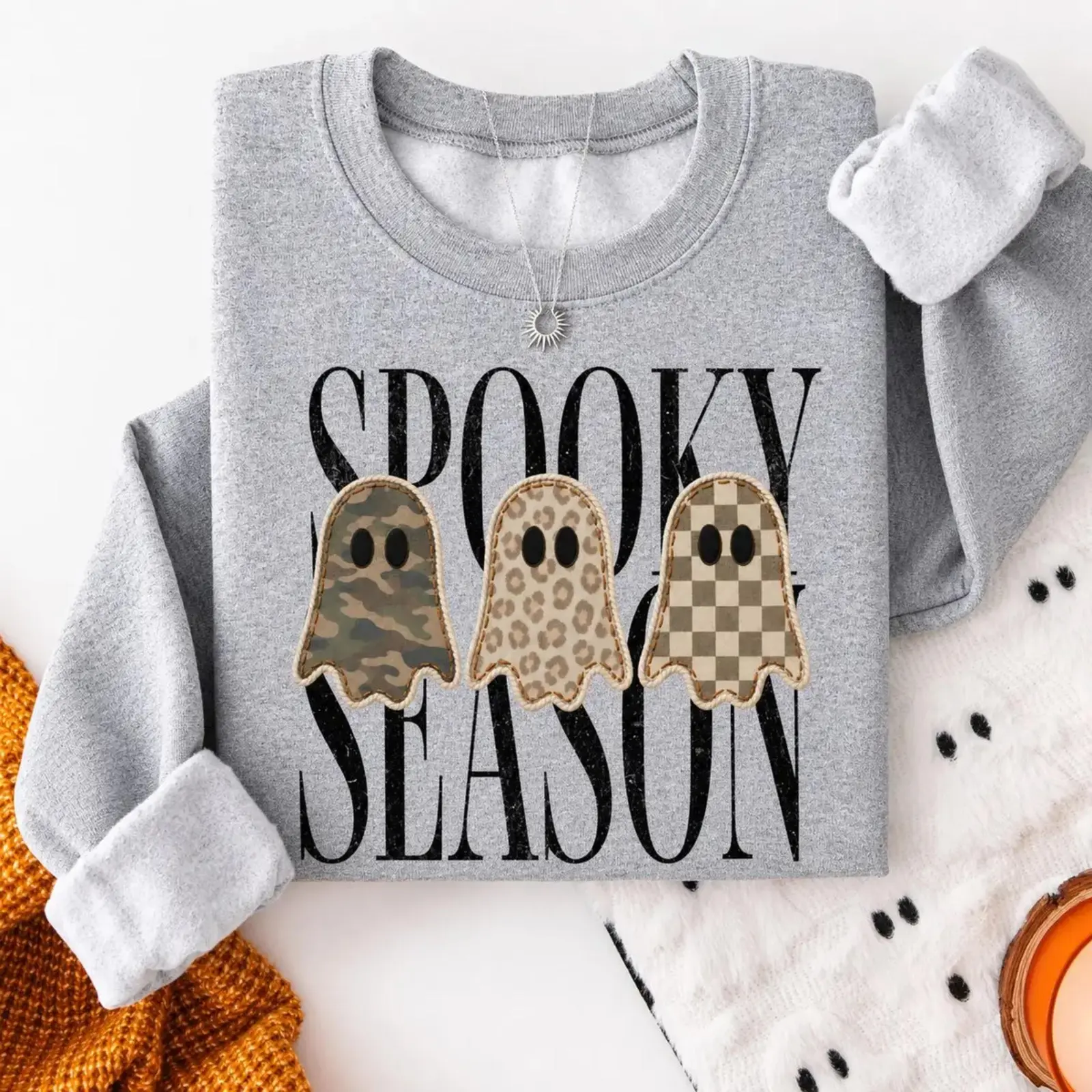 Spooky Season Ghost Sweatshirt, Camo Leopard Checkerboard Halloween Crewneck, Cute Vintage Fall Gildan Cozy Pullover for Women
