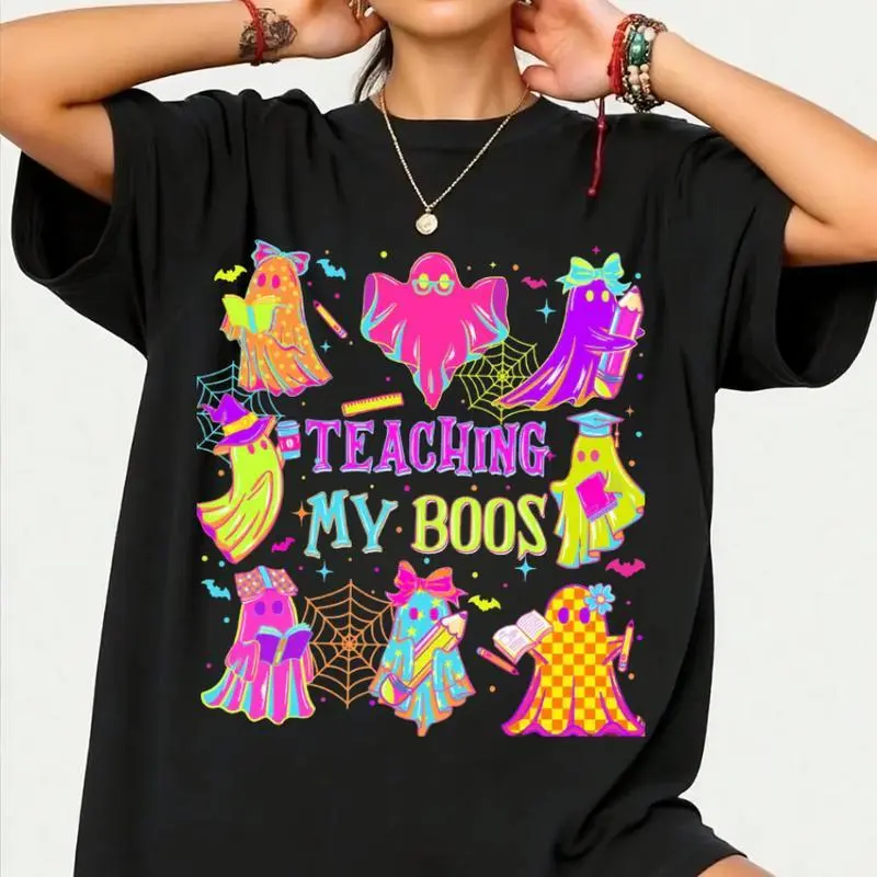 Teaching My Boos Preppy Neon Halloween Teacher Graphic Tee, Cute Ghost Coquette Bow Pencil Print Oversized Crewneck Unisex T-Shirt