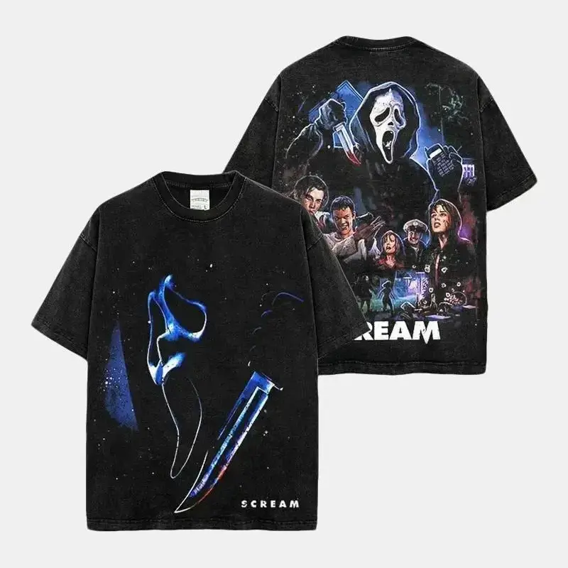Vintage Ghostface Scream Horror Movie Acid Wash T-Shirt, Halloween Slasher Costume Outfit Front and Back Print Classic Menswear Tee