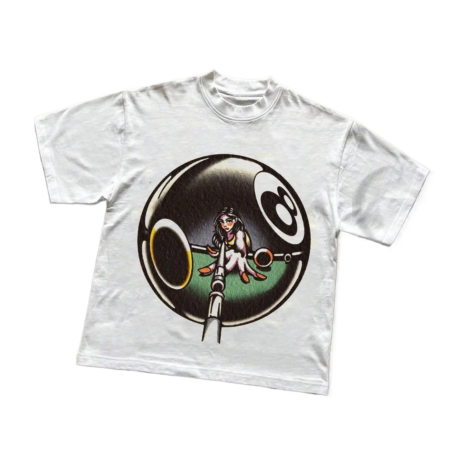 Vintage 8-Ball Pin-Up Girl Graphic Tee, Retro Billiards Old School Tattoo Style T-Shirt, Unisex Short Sleeve Casual Shirt for Men and Women