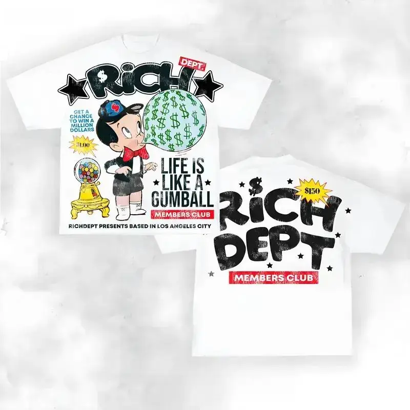 Rich Dept Members Club Y2K Graphic Tee, Life Is Like a Gumball Retro Cartoon Money Print Double-Sided Oversized Cotton Streetwear T-Shirt