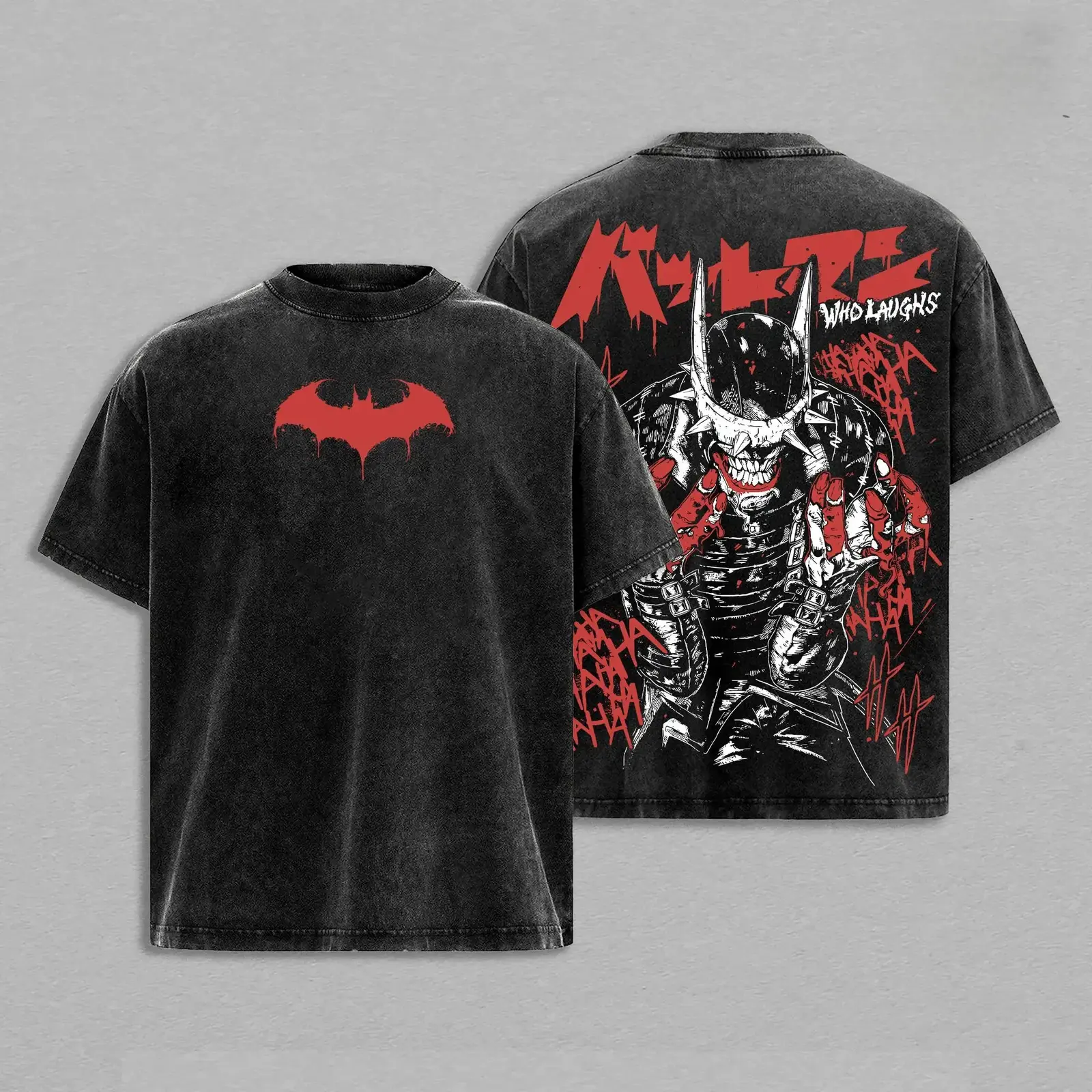 The Batman Who Laughs Dark Hero Graphic Tee, Retro Washed Oversized Double-Sided Print T-Shirt, Aesthetic Drape Japanese Streetwear Top