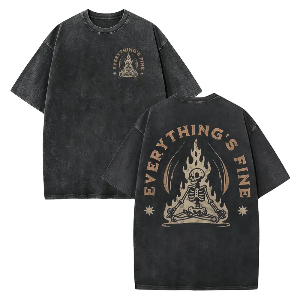Everything's Fine Meditating Skeleton Graphic Tee, Vintage Distressed Look Gothic Flames Front and Back Print Washed Cotton T-Shirt