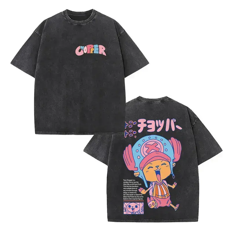 Tony Tony Chopper One Piece Anime Acid Wash Tee, Vintage Retro Front and Back Print Oversized Heavy Cotton Streetwear Gym Pump Cover