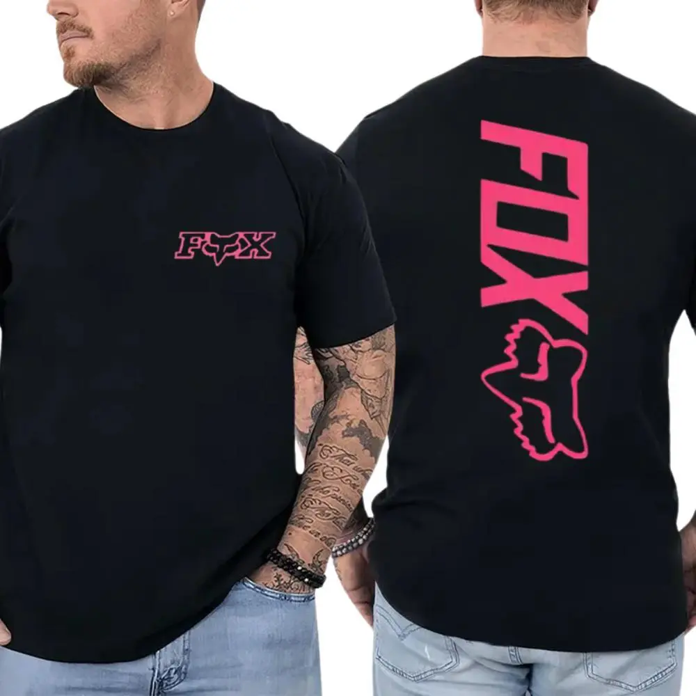 Fox Racing Motocross Dirt Bike Graphic Tee, Fox Head Logo Two-Sided Action Sports Print Unisex Short Sleeve Cotton T-Shirt