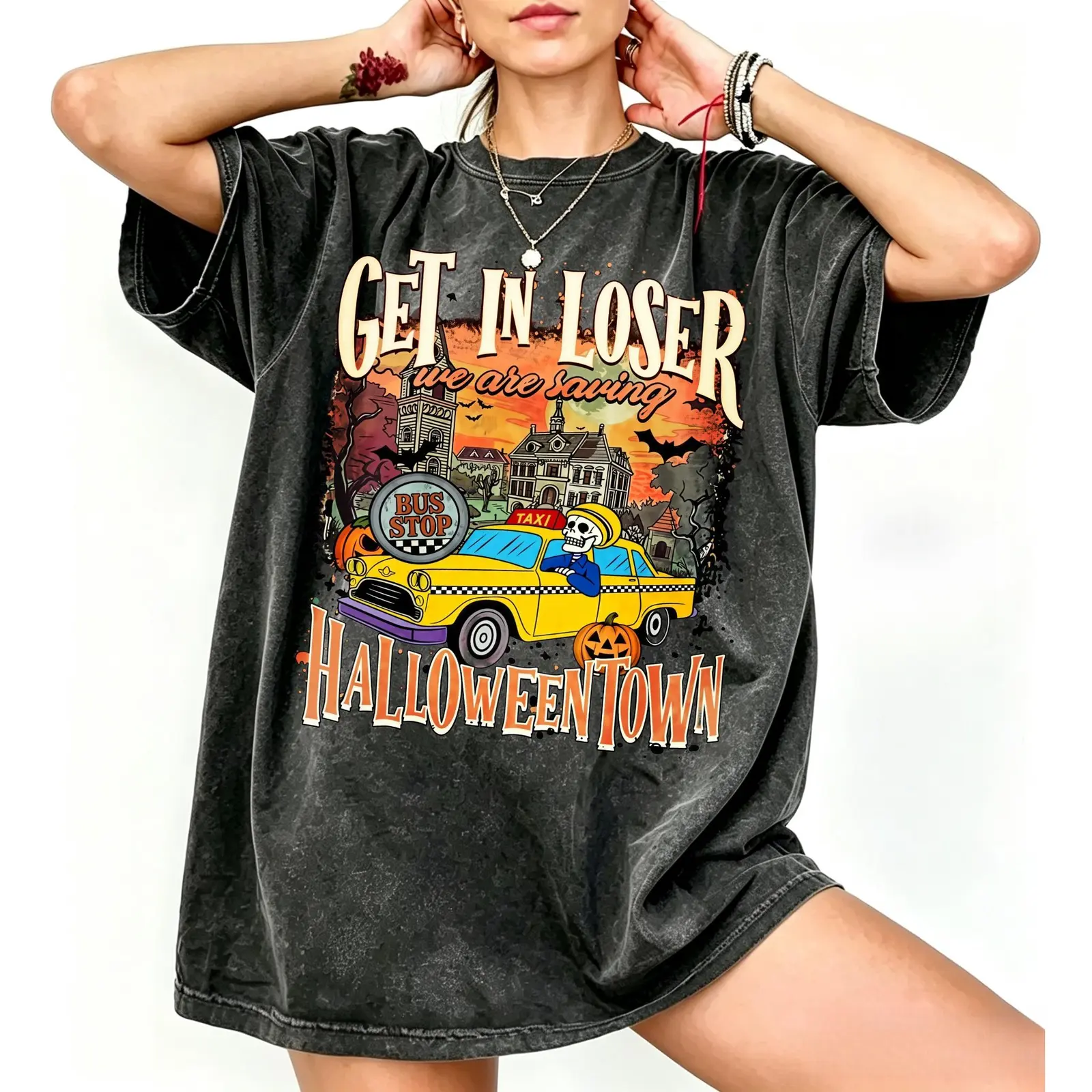Get In Loser We Are Saving Halloween Town Vintage Skeleton Taxi Driver Washed T-Shirt, Retro Spooky Pumpkin Graphic Tee, Fall Gothic Shirt