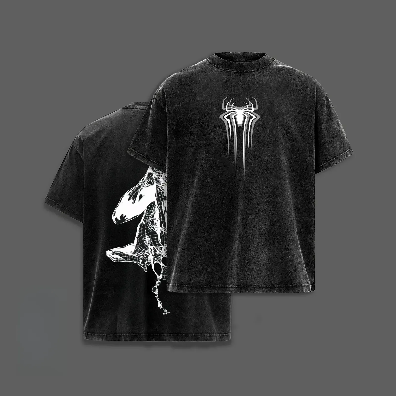 Black Web Hero Dark Symbiote Spider Emblem Double-Sided Graphic Tee, Vintage Acid Wash Oversized Heavyweight T-Shirt, Retro Y2K Comic Streetwear