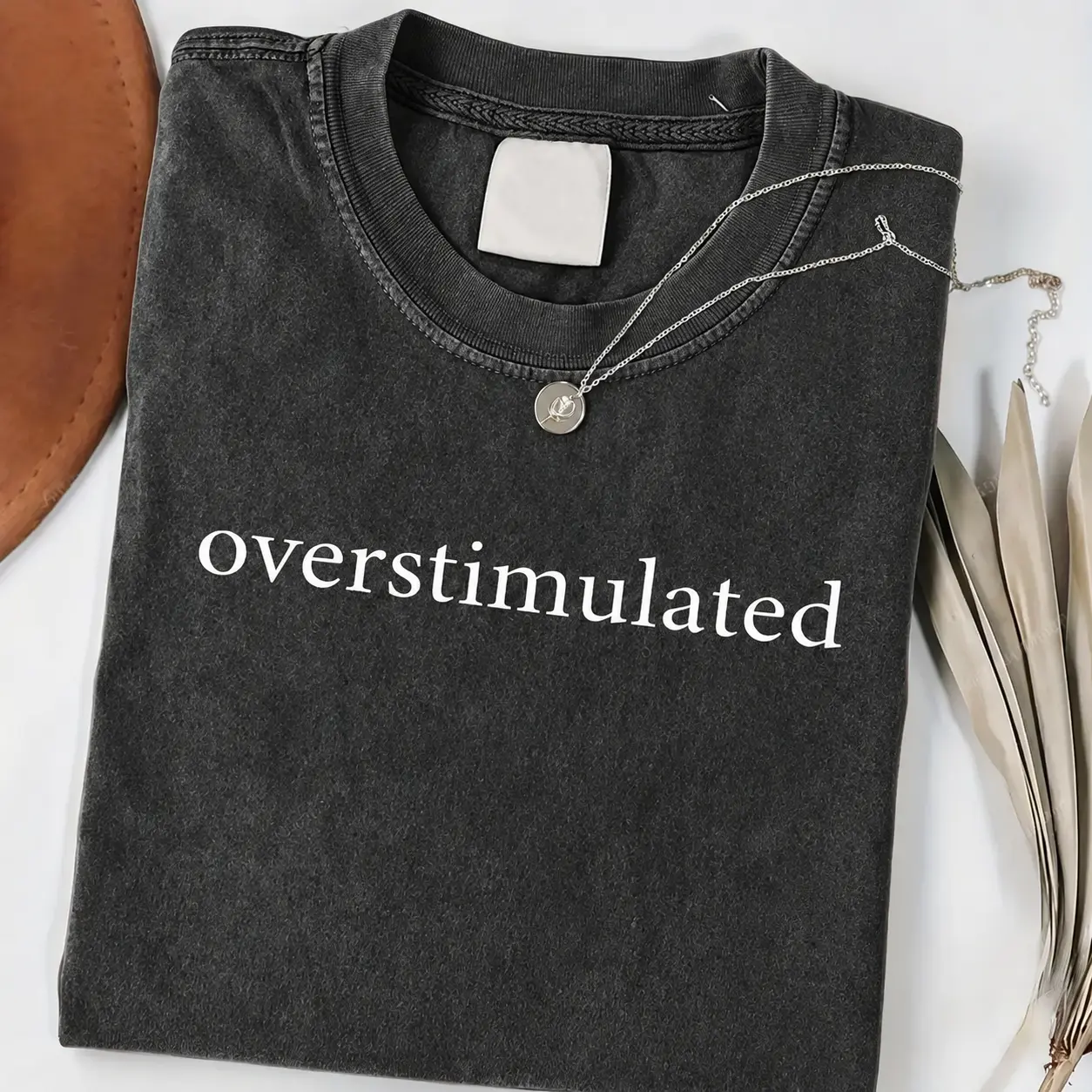 Overstimulated Lowercase Letter Print Retro Washed Graphic Tee, Heavyweight 240g Cotton Oversized Streetwear Unisex T-Shirt for Women