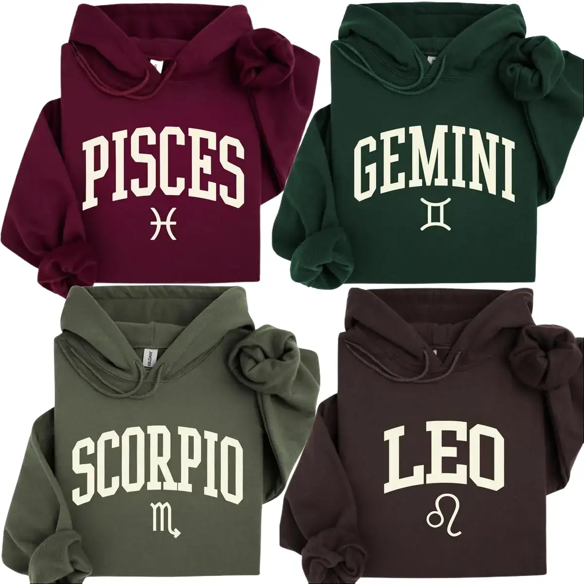 Zodiac Sign Hoodie, Pisces Gemini Scorpio Leo Astrology Vintage College Style Varsity Letter Horoscope Graphic Pullover Hooded Sweatshirt