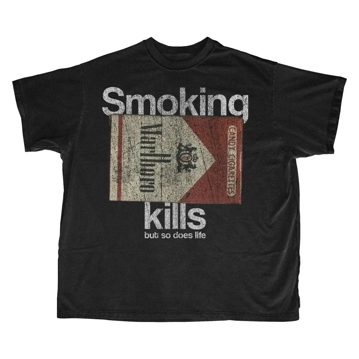 Smoking Kills But So Does Life Retro Cigarette Pack Graphic Tee, Vintage Double-Sided Print Loose Fit Unisex Cotton T-Shirt