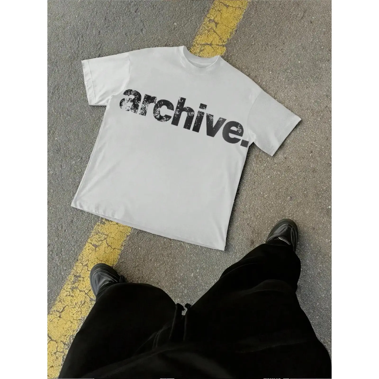 Archive Distressed Letter Graphic Tee, Y2K Aesthetic Minimalist Street Style T-Shirt, Grunge Wordmark Short Sleeve Fitted Unisex Streetwear