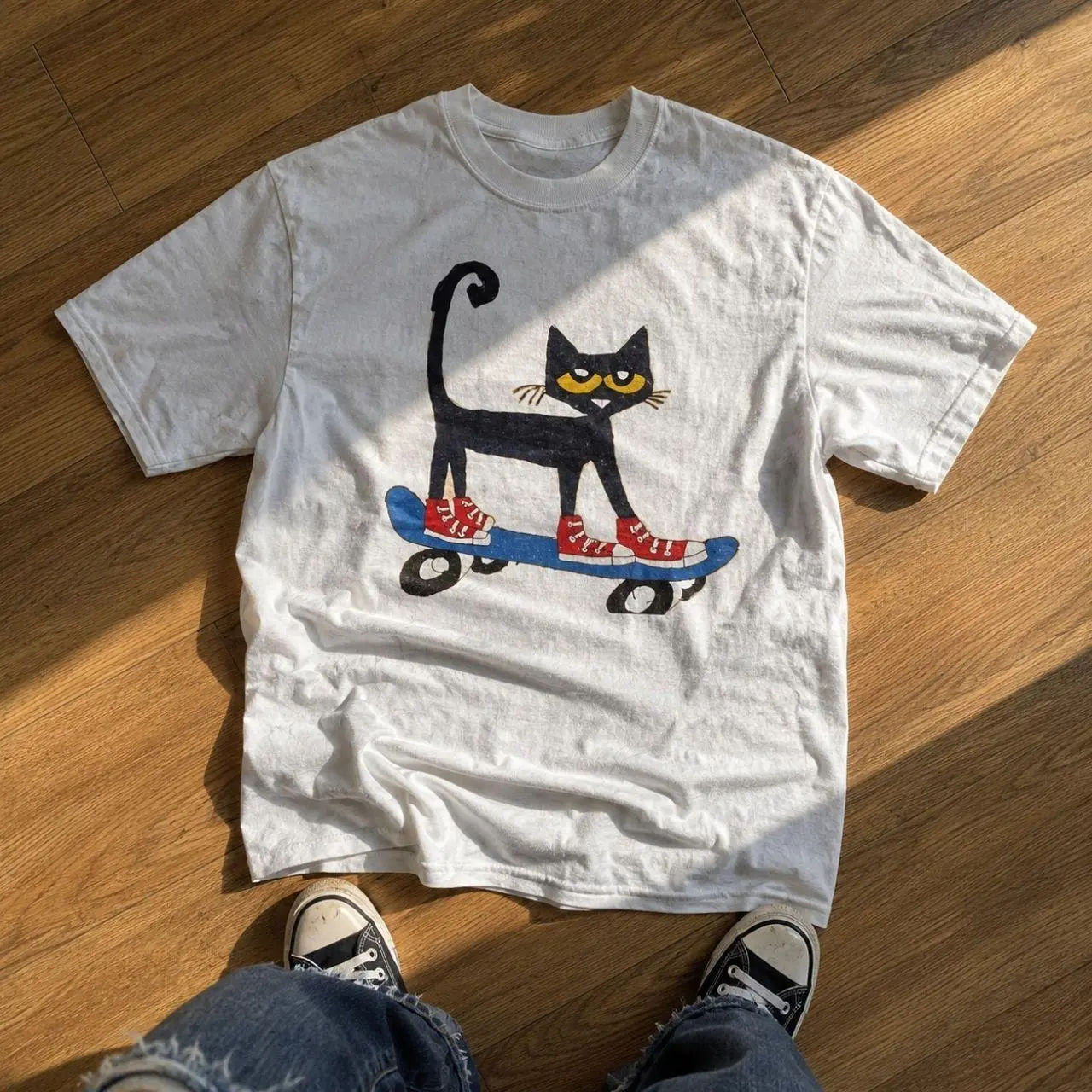 Pete The Cat Red Sneakers Skateboard Graphic Tee, Retro Cartoon Skater 90s Kidcore 2000s Streetwear Cotton Round Neck Unisex T-Shirt