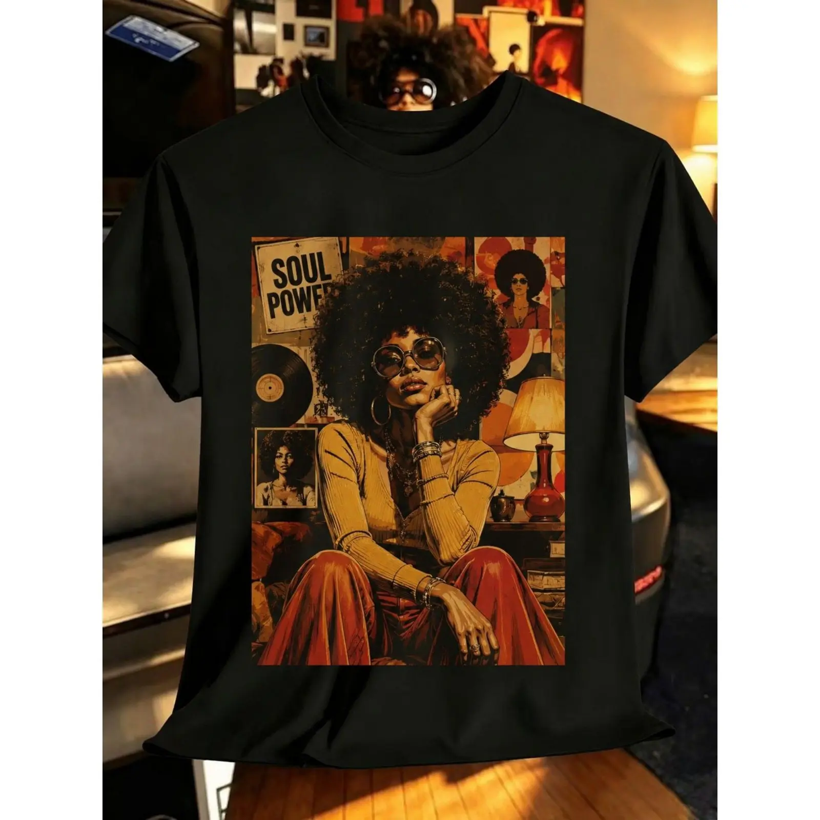 Soul Power Retro 70s Afro Woman Vinyl Records Graphic Tee, Vintage Black Pride Soul Music Art Print Streetwear Crew Neck Cotton T-Shirt