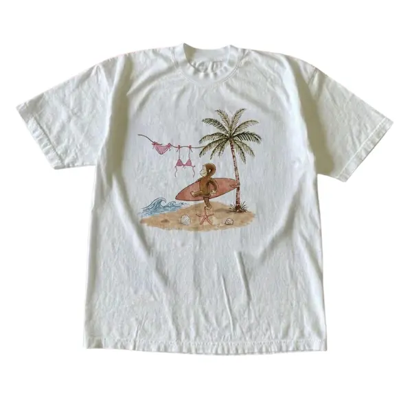 Curious George Surfing Beach Palm Tree Graphic Tee, 2000 Summer Classic Cartoon Monkey Surf Unisex Cotton Streetwear T-Shirt