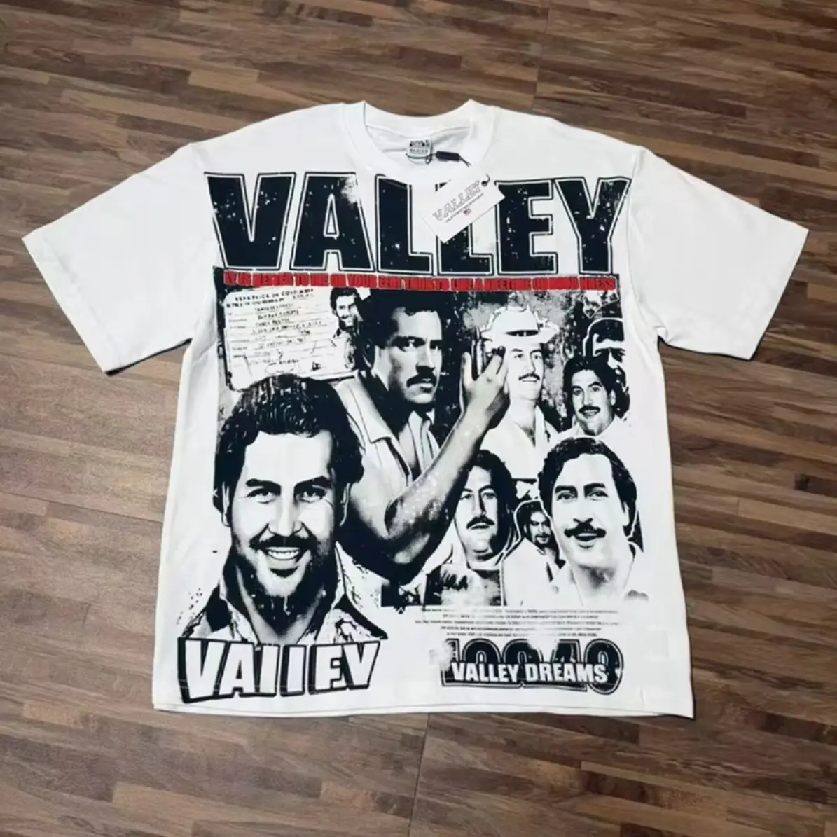 Valley Dreams Vintage Washed Graphic Tee, Pablo Escobar Motocross Racing Speedway Y2K Hip Hop Streetwear Oversized Double-Sided T-Shirt