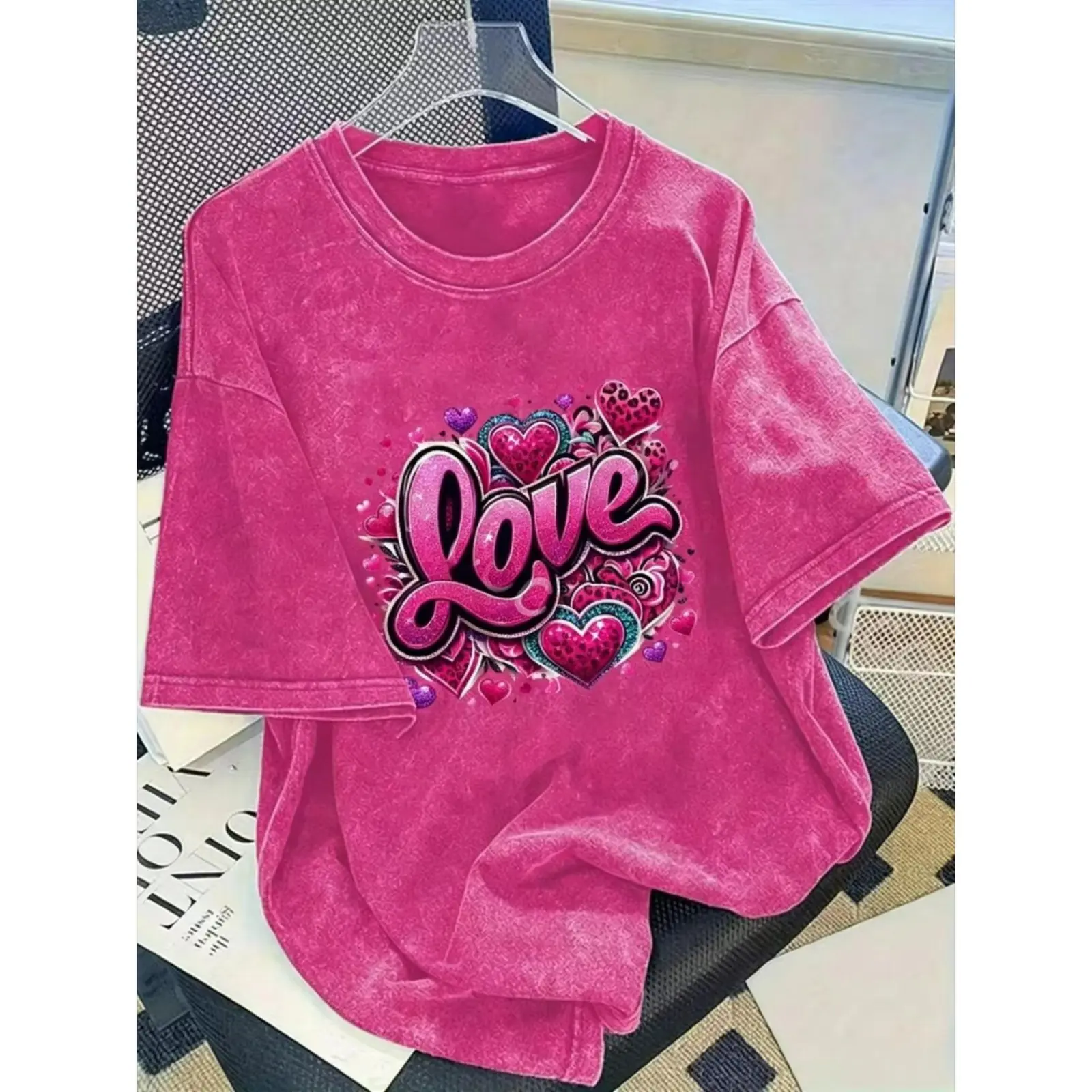 Love Heart Script Graphic Tee, Retro Valentine's Day Pink Hearts Print Vintage Washed Cotton Plus Size Loose Fit Streetwear Unisex T-Shirt