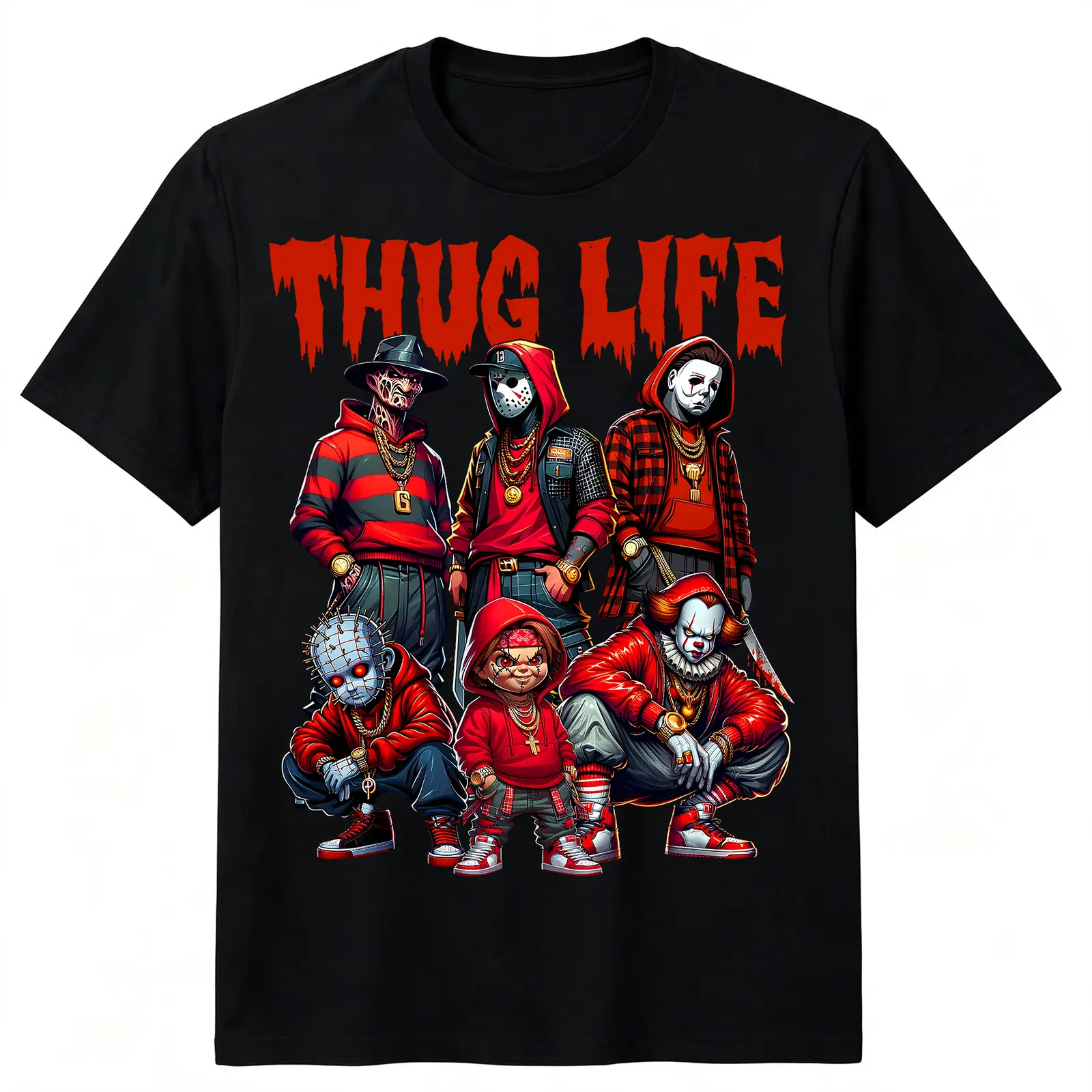 Thug Life Horror Slasher Crew Graphic Tee, Freddy Jason Michael Myers Chucky Pennywise Hip-Hop Halloween Streetwear Loose Fit Unisex T-Shirt