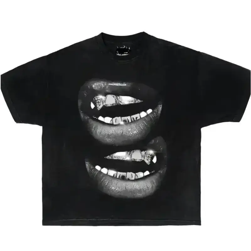 Grillz Lips Double Mouth Print Graphic Tee, Hip Hop Streetwear Oversized Cotton T-Shirt for Women, Edgy Halloween Short Sleeve Sports Top