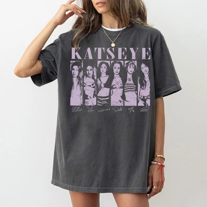 Katseye Kpop Beautiful Chaos Graphic Tee, Retro Girl Group Photo Collage Print Women's Classic Fit Cotton Crew Neck T-Shirt for Fans