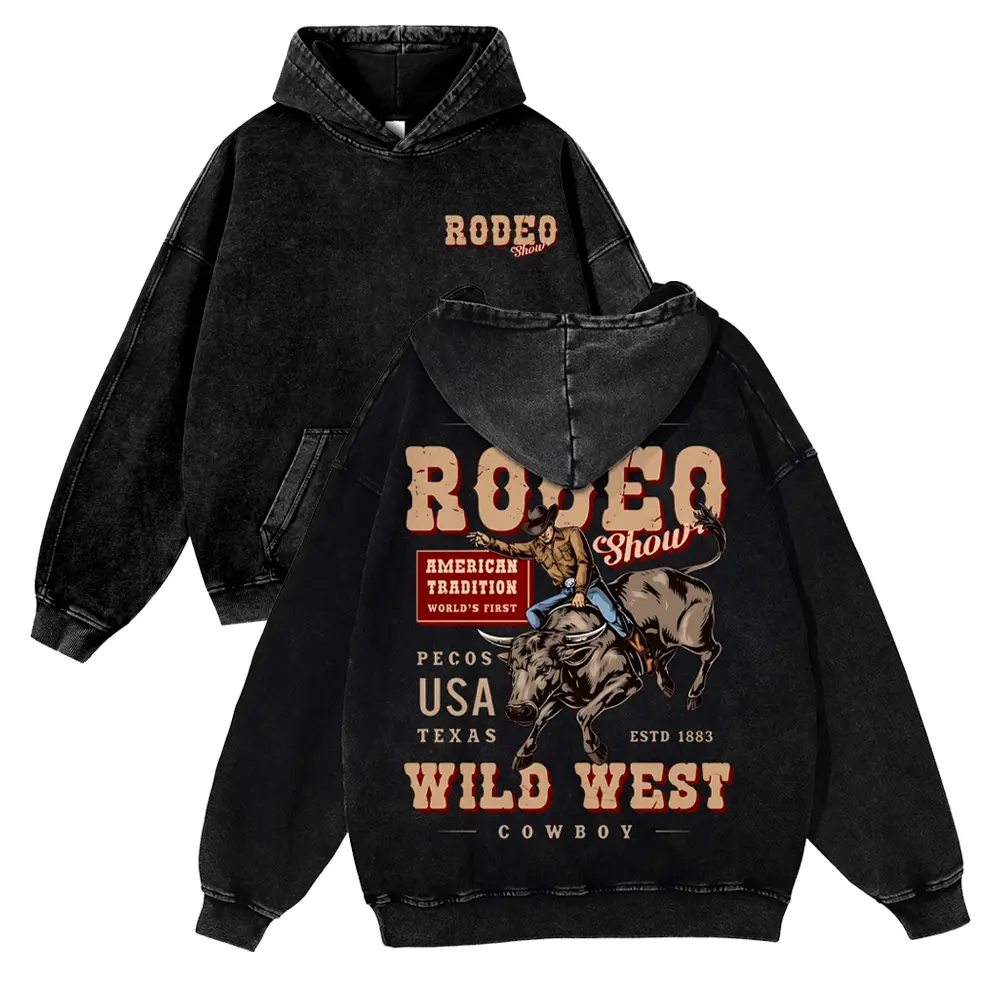 Rodeo Show Wild West Cowboy Bull Rider Vintage Acid Wash Hoodie, Pecos Texas Western Front and Back Graphic Oversized Heavyweight Pullover