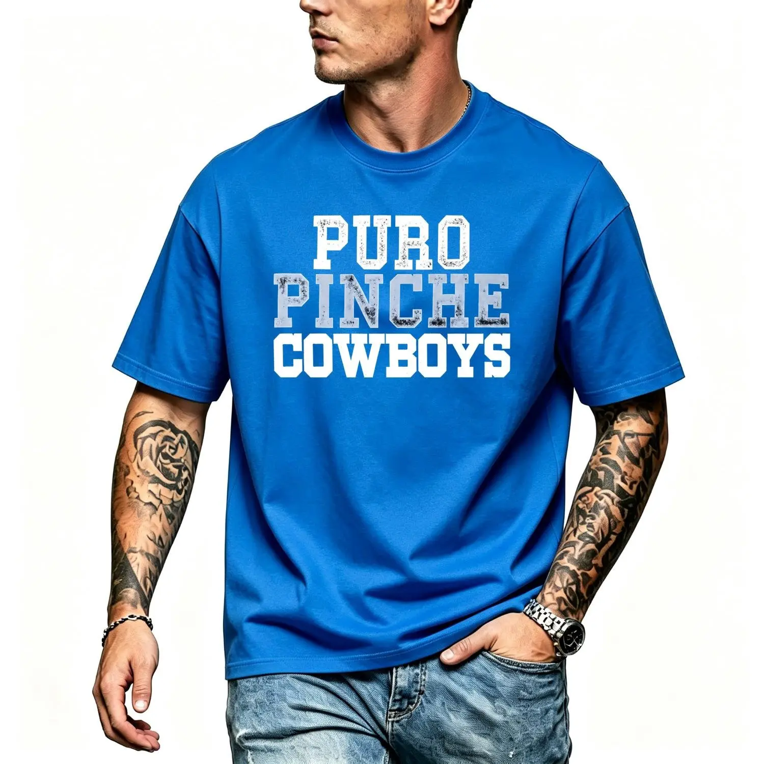 Puro Pinche Cowboys Distressed Text Graphic Tee, Vintage Football Fan Game Day Streetwear Unisex Casual Short Sleeve Crewneck T-Shirt