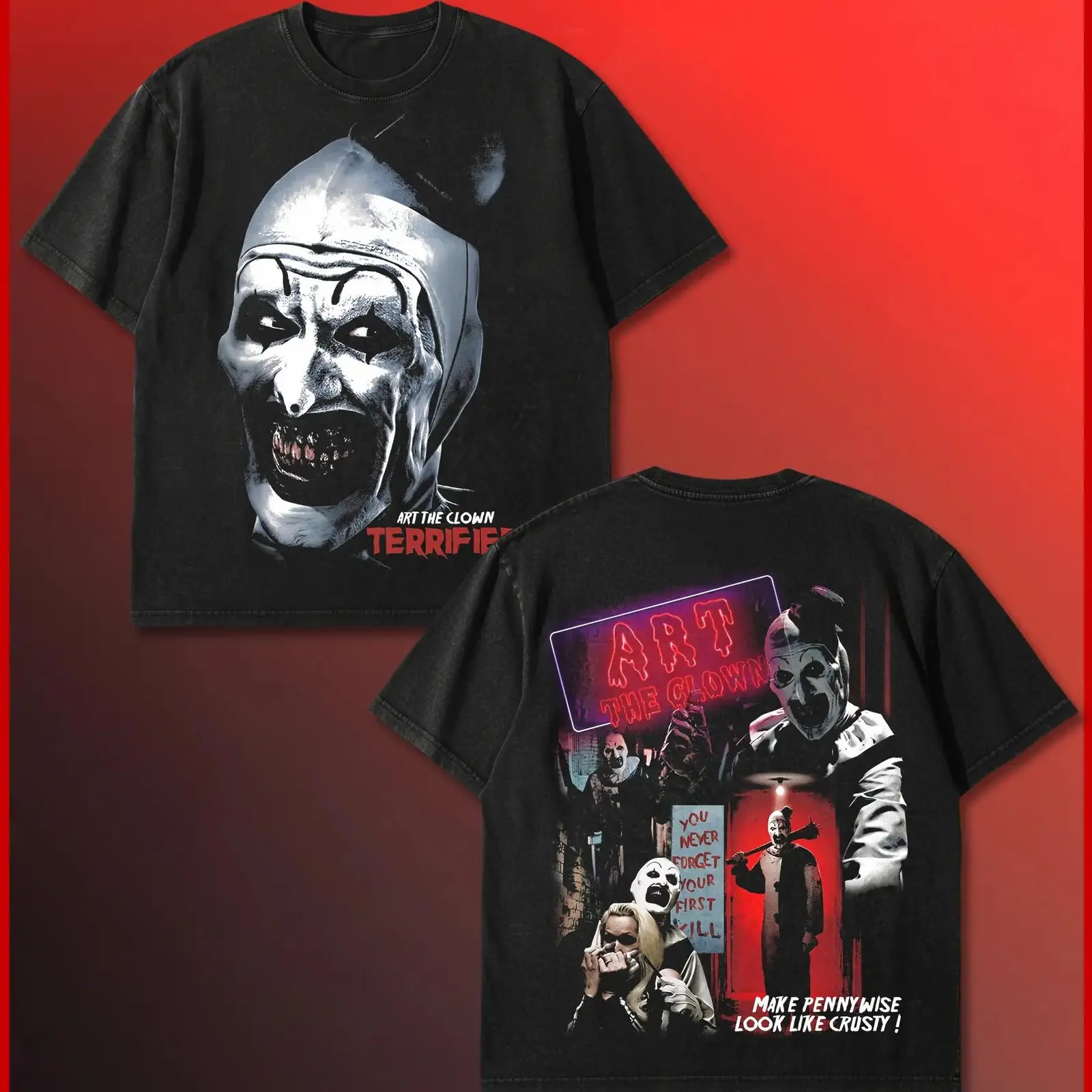 Terrifier Art The Clown Movie Graphic Tee, Make Pennywise Look Like Crusty Vintage 90s Slasher Horror Two-Sided Acid Wash Oversized T-Shirt