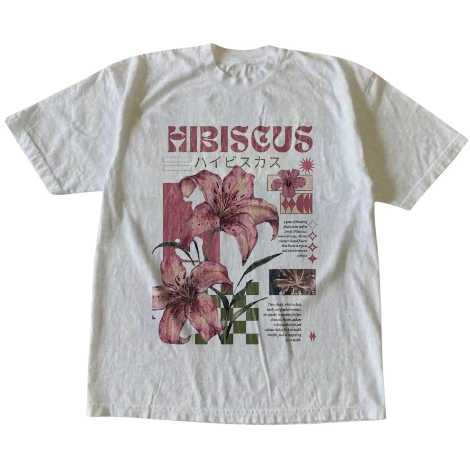 Japanese Hibiscus Floral Lily Checkerboard Graphic Tee, Aesthetic Retro Pink Flower Botanical Poster Art Y2K Heavyweight Streetwear T-Shirt