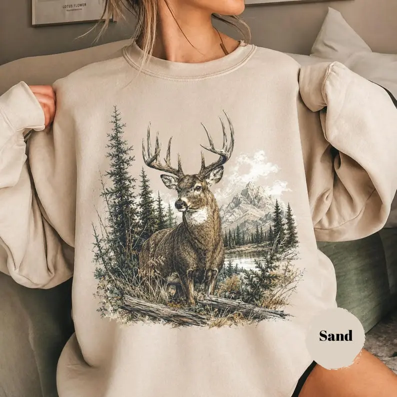 Vintage Deer Sweatshirt, Retro 90s Western Wildlife Graphic Crewneck, Country Girl Rustic Buck and Pine Forest Hunting Season Pullover