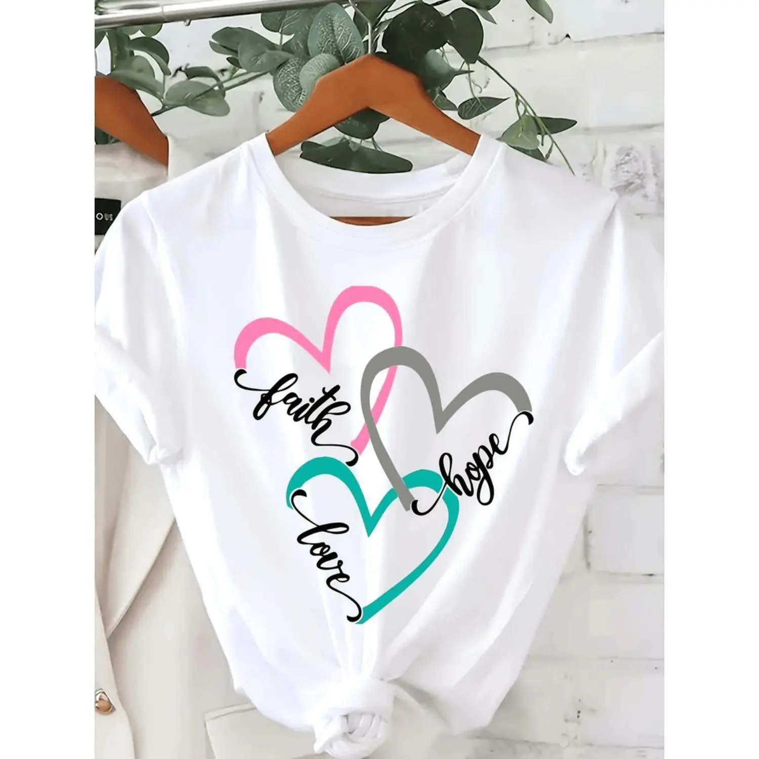 Faith Love Hope Three Hearts Graphic Tee, Pink Teal and Grey Script Heart Print, Retro Casual Oversized Womens Short Sleeve Cotton Blend T-Shirt