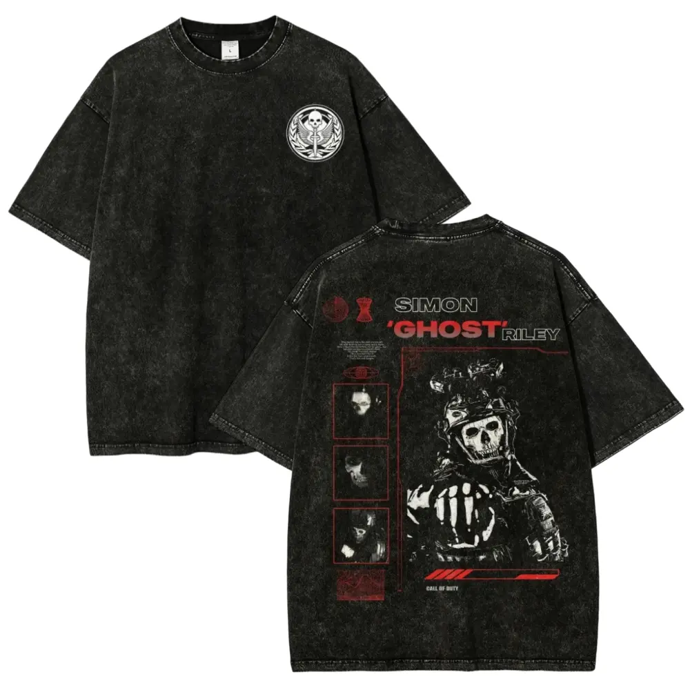 Call of Duty Simon Ghost Riley MW2 Gamer Graphic Tee, Vintage Acid Wash Front and Back Print Y2K Dark Aesthetic Oversized T-Shirt