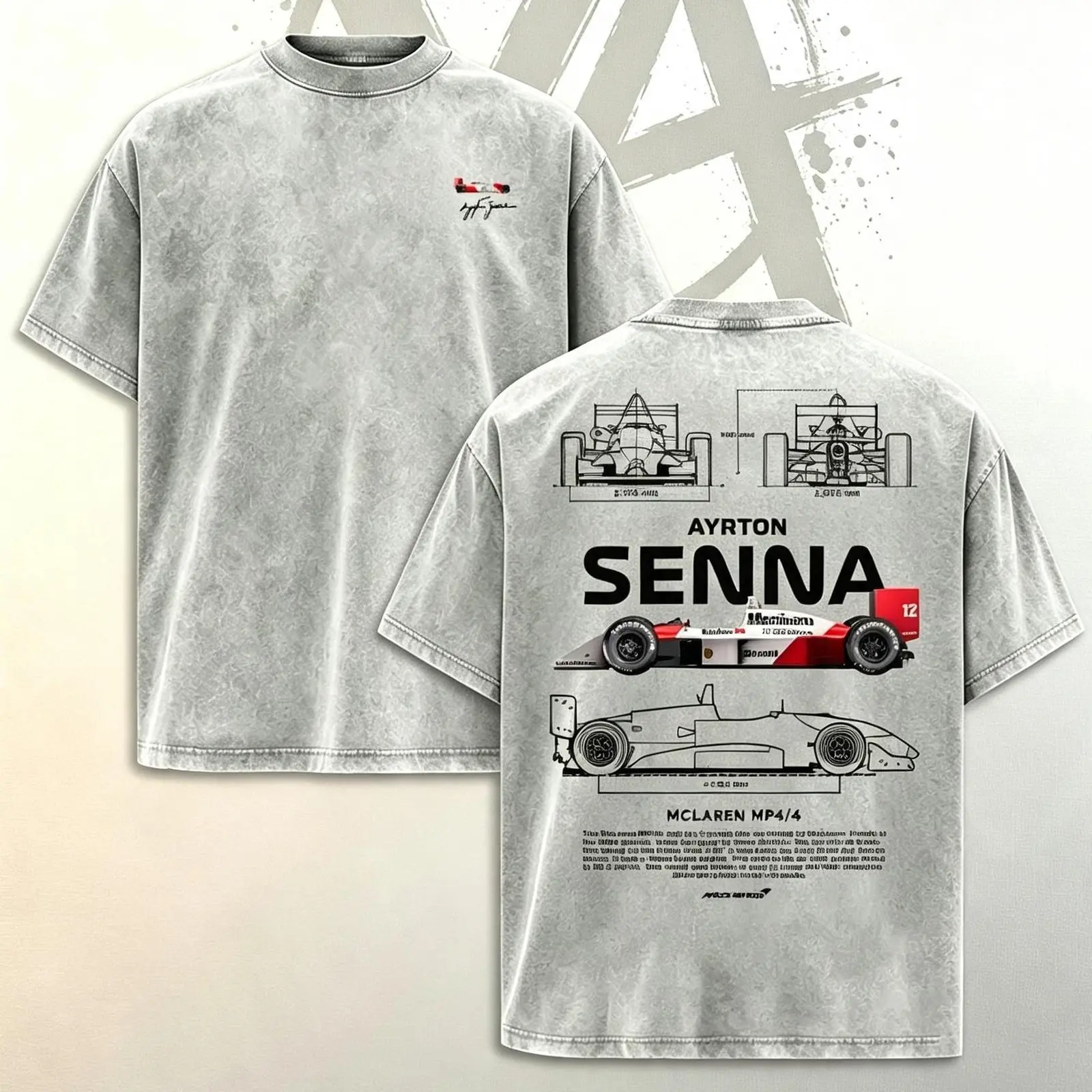 Ayrton Senna Vintage F1 McLaren Retro Open Wheel Racing Car Diagram Washed Tee, Oversized Loose Fit Unisex Cotton Graphic T-Shirt