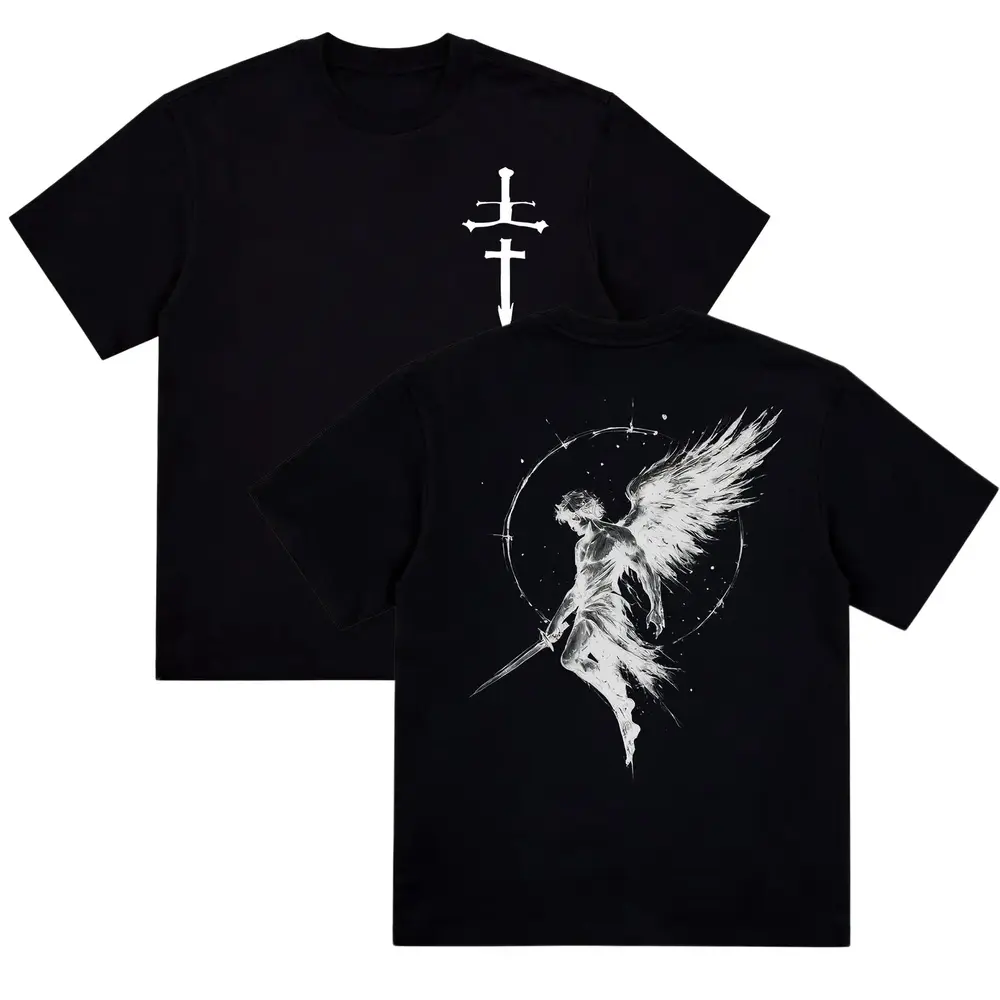 Fallen Angel Gothic Graphic Tee, Vintage Heavy Cotton Double-Sided Dark Art Wings Print Oversized Streetwear Crew Neck Couple Style T-Shirt