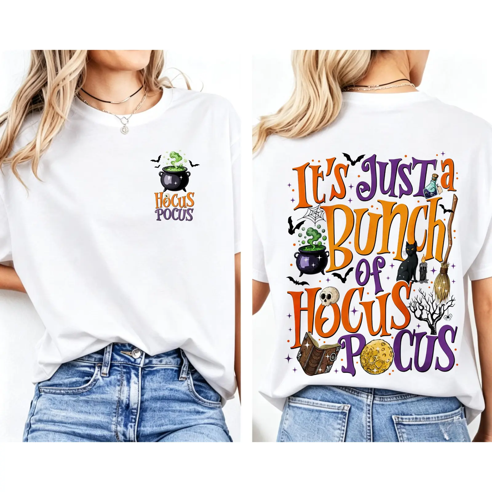 It's Just a Bunch of Hocus Pocus Halloween Graphic Tee, Salem Witch Black Flame Candle Vintage Front and Back Print Unisex Cotton T-Shirt