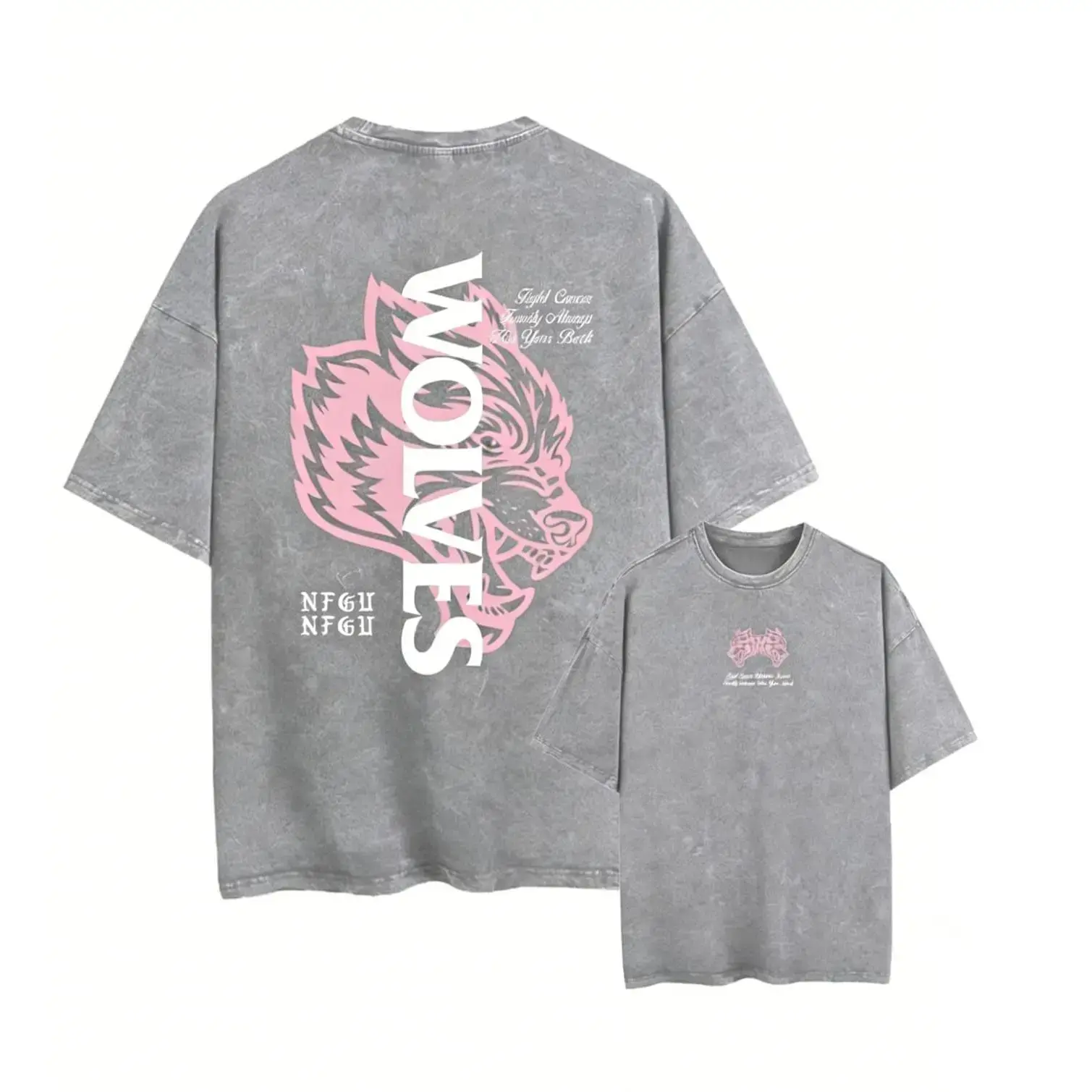 Wolves Pink Wolf Head Back Print Graphic Tee, Vintage Washed Cotton Loose Fit Front and Back Streetwear Gym Crewneck Men's Unisex T-Shirt