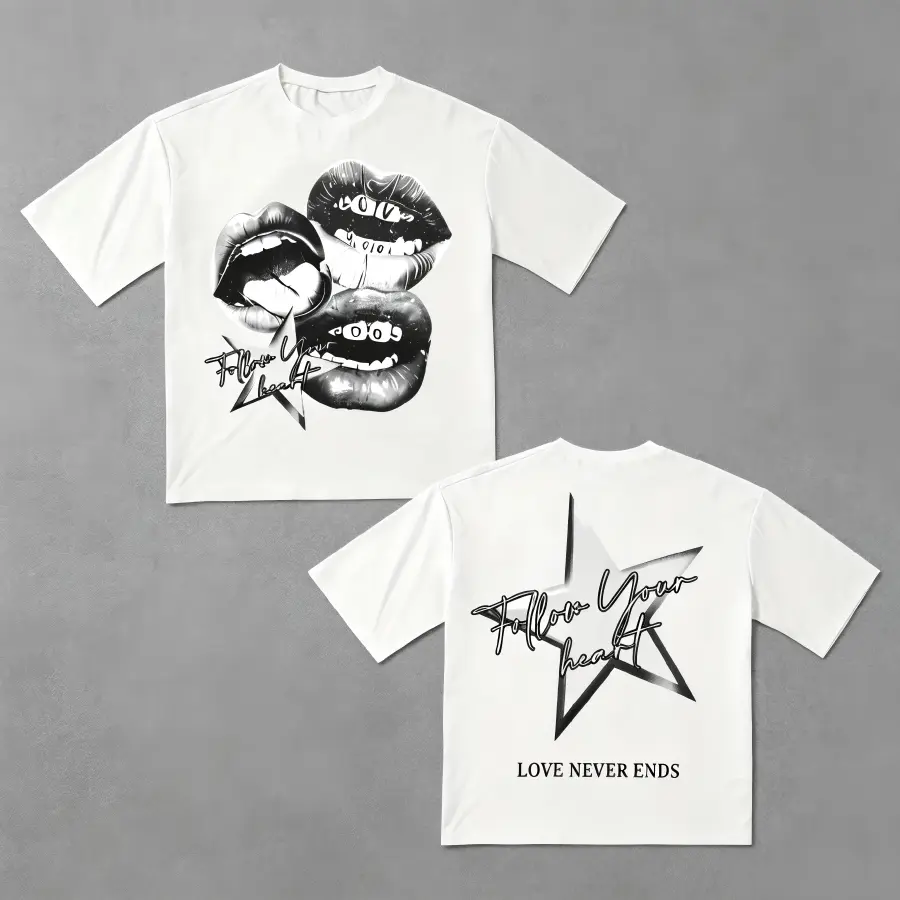 Graphic Lips Star Follow Your Heart Love Never Ends Y2K Grunge Tee, Vintage Streetwear Double-Sided Drop Shoulder Unisex T-Shirt