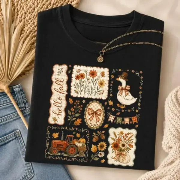 Hello Fall Goose Vintage Farmhouse Autumn Graphic Tee, Cute Fall Thanksgiving Season Flower Pumpkin Tractor Women's Cotton T-Shirt