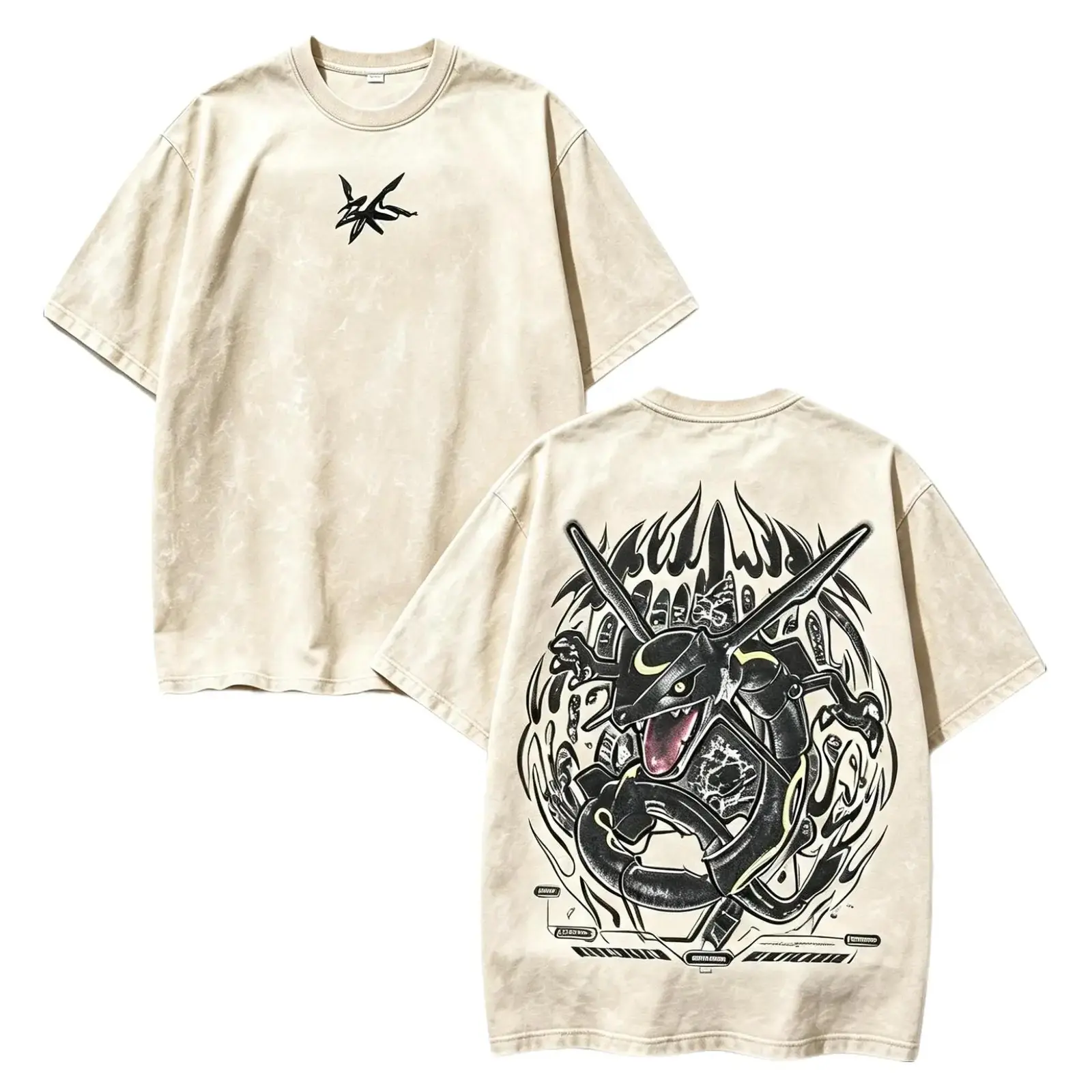 Shiny Rayquaza Legendary Pokemon Washed Graphic Tee, Vintage Anime Dual-Side Print Oversized Cotton T-Shirt, Retro Streetwear for Men