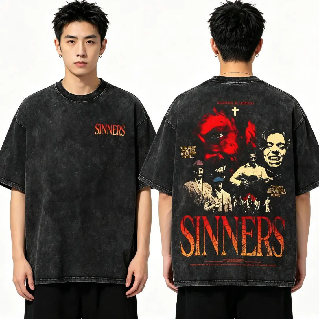 Sinners 2025 Vintage Horror Action Movie Acid Washed Graphic Tee, Two-Sided Retro Film Poster Print Oversized Cotton Unisex T-Shirt