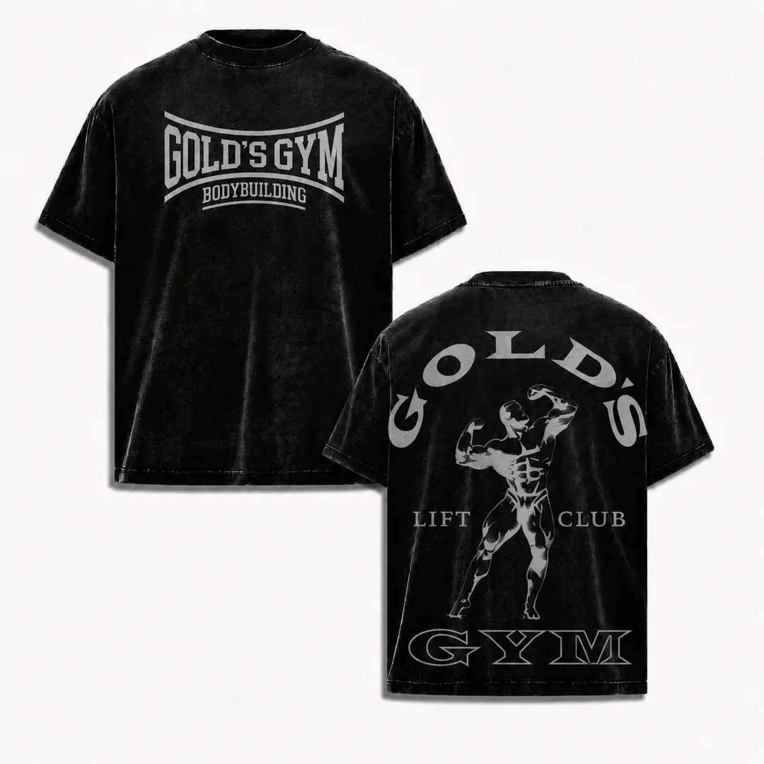Gold's Gym Bodybuilding Lift Club Vintage Wash Graphic Tee, 90s Retro Gym Pump Cover Muscle Print Double-Sided Oversized Streetwear T-Shirt