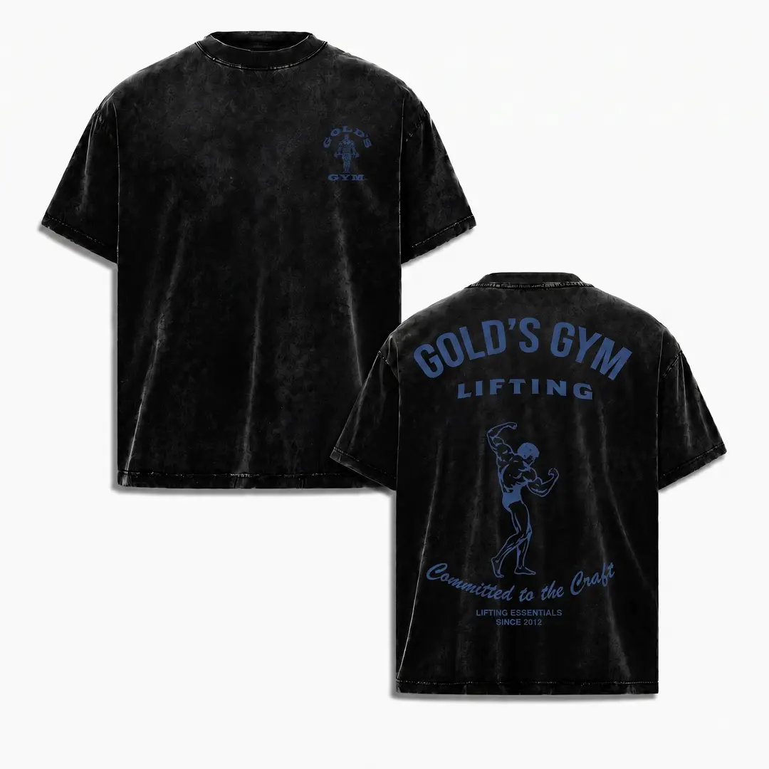 Gold's Gym Lifting Committed to the Craft Vintage Wash Tee, Old School Bodybuilding Blue Muscle Athlete Back Print Oversized Pump Cover T-Shirt